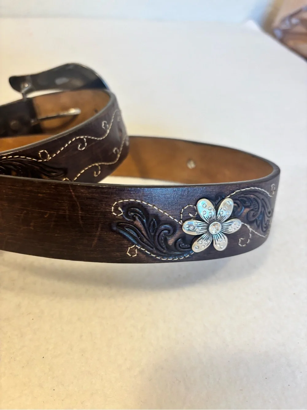 Justin 125 Year Western Leather Belt Rhinestone Buckle Floral Size 40